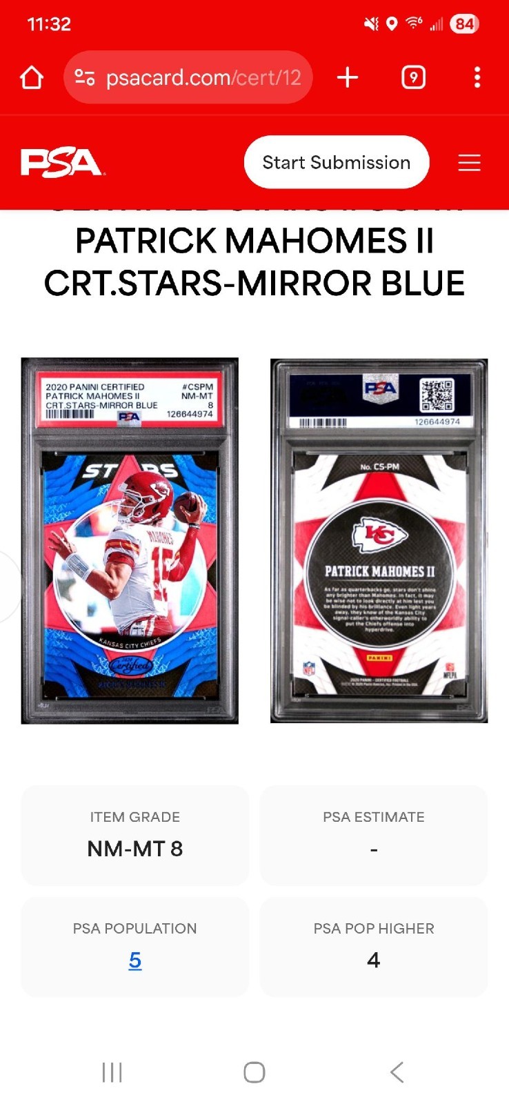 2020 Patrick Mahomes   Certified Stars Blue-Mirror #'d 66/75  PSA 8 view 5