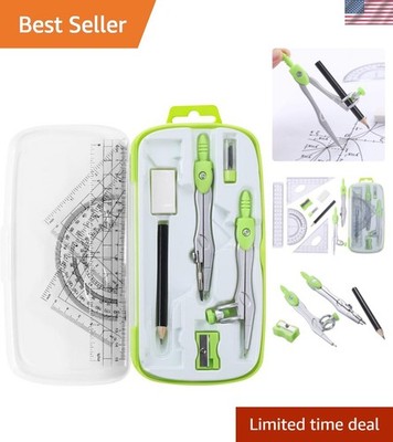 Math Geometry Kit Sets 10 Piece Student Supplies with Shatterproof Storage Bo...