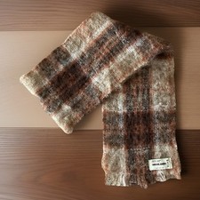 VTG HIGHLANDS Scotland Pure Mohair Wool Brown Plaid Fringe Scarf 70"X9"