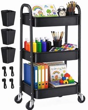3 Tier Metal Rolling Cart Organizer, Black Utility Storage Cart with Wheels