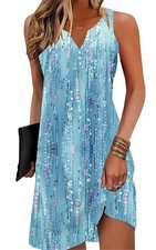 V-Neck Floral Printed Vintage Summer Sleeveless Dress Ladies Beach Sundress, M