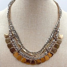 VTG Mixed Metal Tiered Statement Necklace Silver Gold Tone Cuban Chain Fan Bib