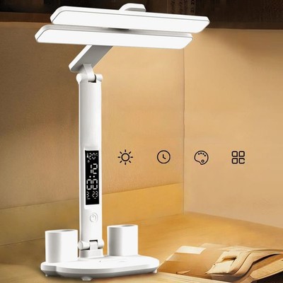 Desk Lamp, Desk Light with USB Charging, Dimmable, Time Display For Office Home