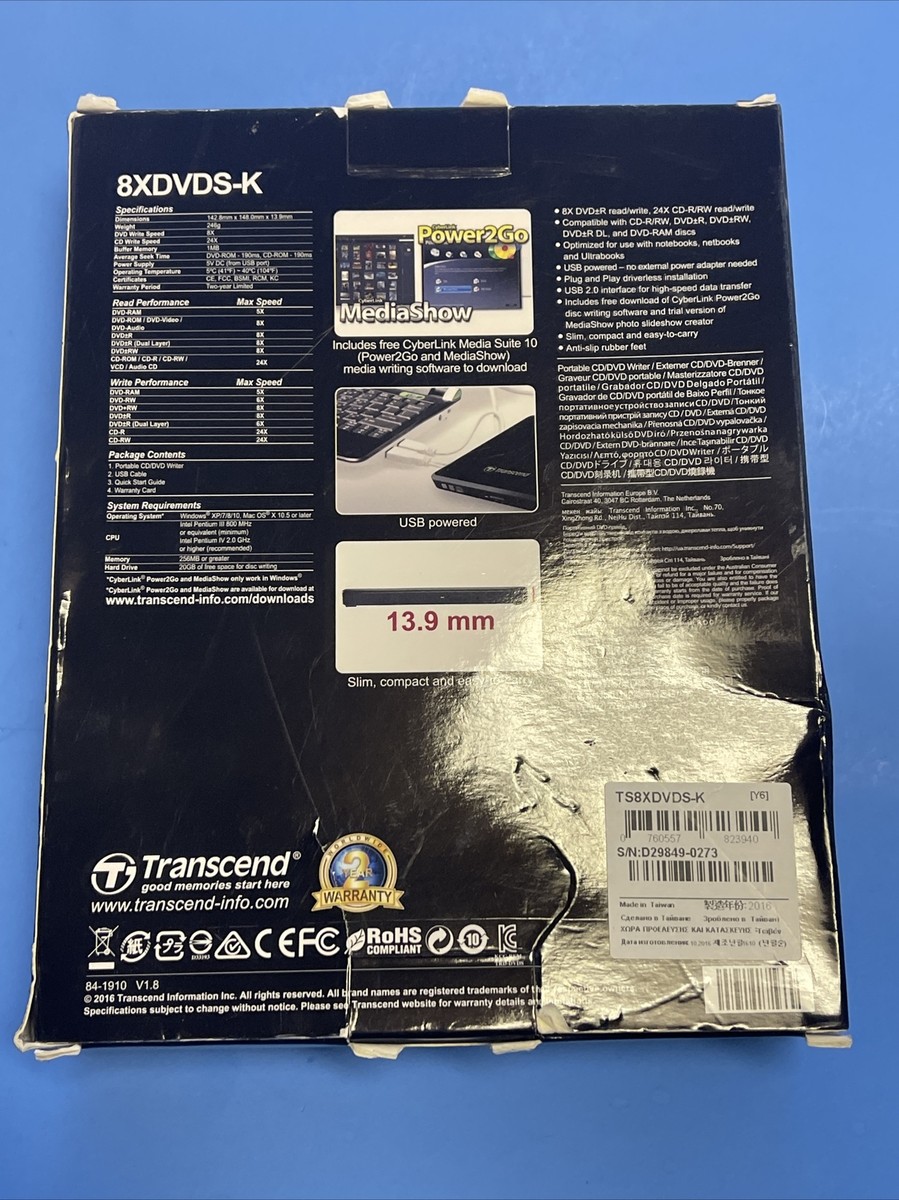 TRANSCEND PORTABLE CD/DVD WRITER 8XDVDS-K 13.9mm TS8XDVDS-K