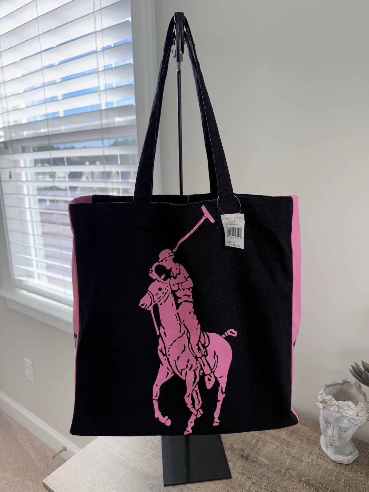Borsa donna Polo Ralph Lauren tela RL EST 2000 nera rosa logo pony nuova con etichette