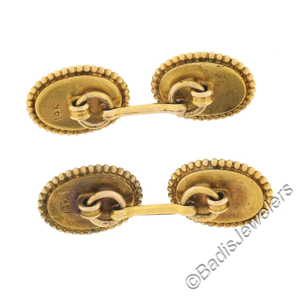 Gemelos antiguos de oro de 14 quilates con bisel de cabujón ovalado con marco de cuentas de bola de amatista para hombre Foto 3 de 4