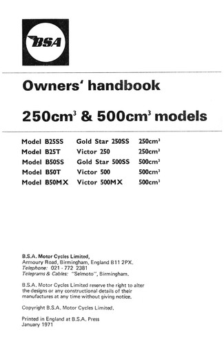 BSA B50T Gold Star B25T Victor B25SS Gold Star Handbook 1971 Manual Free UKPost - Picture 2 of 5