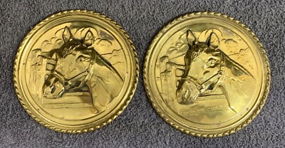 Pair of Vtg Pressed Tin Brass Horse Picture, Round Wall Art Wall Hangers 8.25 
