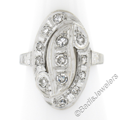 Vintage 14K or Blanc 0.45ct Diamant Pavé Défiler Travail Navette Dîner Bague - 第 1/8 張圖片