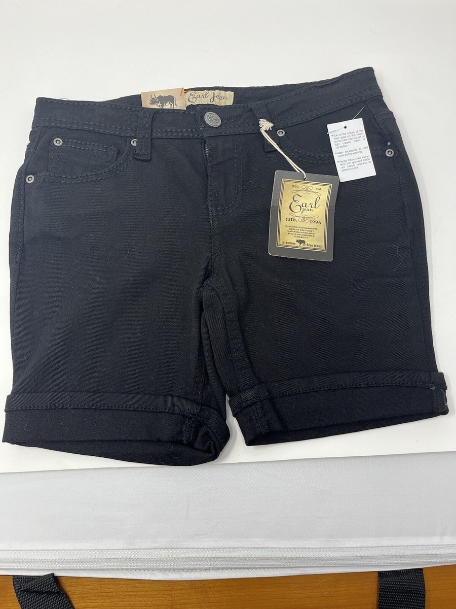 Earl Jean Black Denim Shorts Size 4p Cuffed Legs Stitched Design Pockets  Stretch