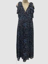 240 Ralph Lauren Womens Blue Floral Chiffon V-Neck Flutter A-Line Dress Size 12