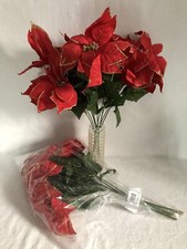 Poinsettia Bushes Red Gold Glitter Accents 20" X 9" Lot of 6 Stems New