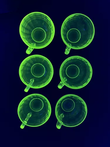 Depression Glass Uranium Block Optic Cups Scroll Handles Lot of 6