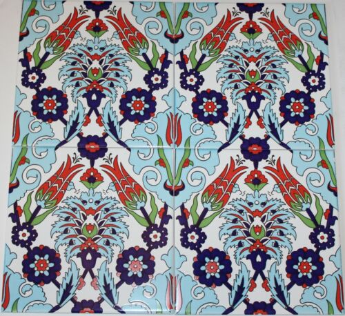 Set of 12 8"X8" (Turkish Iznik Red Tulip & Floral Pattern Ceramic Tiles - Picture 1 of 2