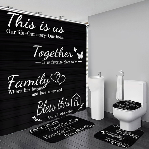 Family Shower Curtain Set Black Home Bathroom Set with Shower Curtain and Rugs a - Picture 8 of 12