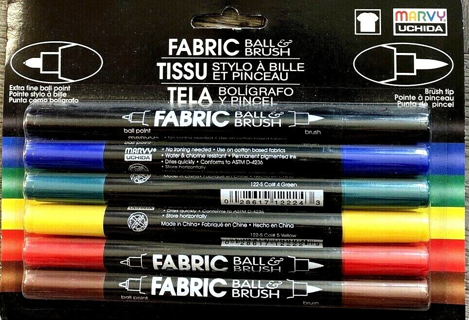 Marvy Fabric Ball & Brush Markers 6 Primary Colors Pigmented Double Ended 122-6A