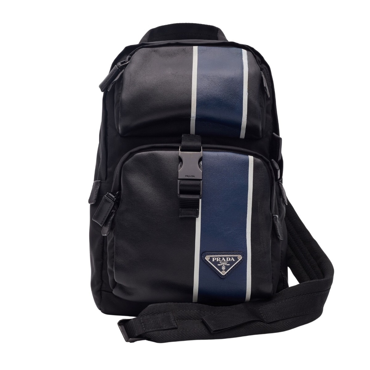 PRADA LEATHER & TESSUTO NYLON BLACK BLUE SLING BACKPACK | eBay