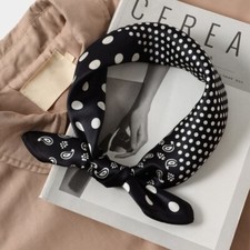 100 Mulberry Silk 21'' Small Square Scarf Neckerchief Headscarf Black White Dot
