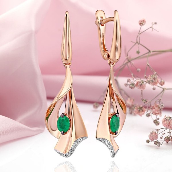 Rose Rotgold 585/14Kt Ohrhaenger Ohrringe Mit Diamanten, Smaragd Neu GläNzend-image