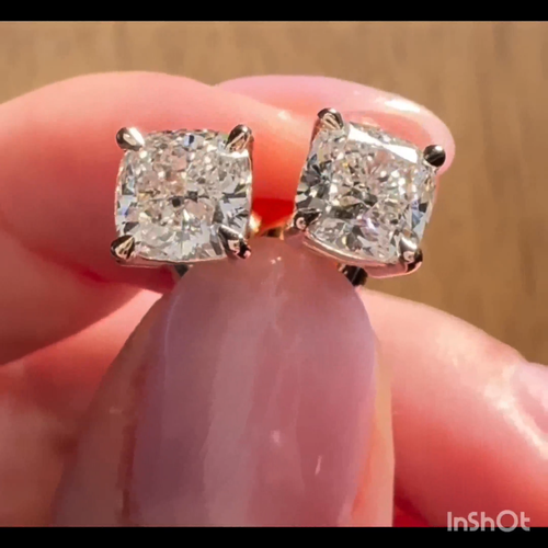 2.00TCW IGI F VS1 Cushion Cut Lab Grown Diamond Stud Earring In 14K Yellow Gold - Video 1 of 1