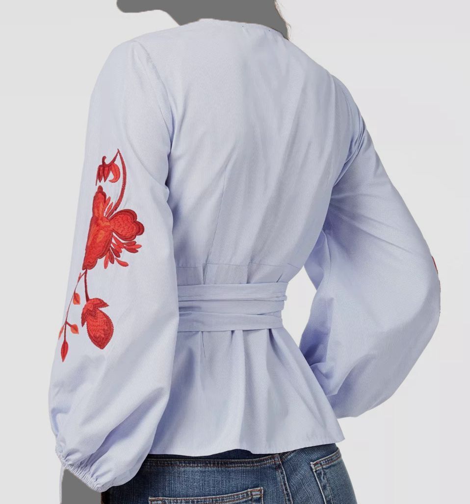 $90 I.N.C Women's Blue Red Floral Embroidered Striped Wrap Top