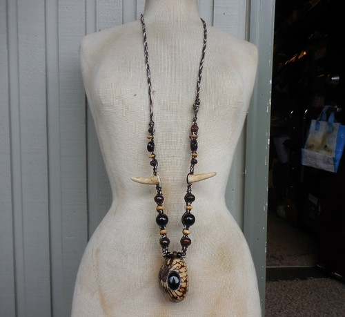 Tagua Secret Pipe Hemp Necklace w/ Onyx Inlay Stone Beads Antler Tips Adjustable - Picture 3 of 12