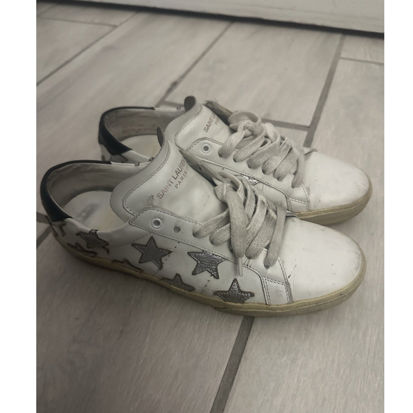 Saint Laurent  White Star Leather Lace Up Sneakers Casual Comfort