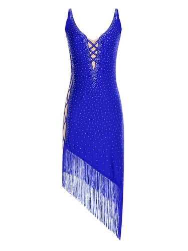 Womens Latin Dance Costume Glitter Tassel Sleeveless Dress Lace-up Irregular Hem - Picture 21 of 85