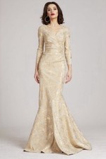 Teri Jon NEW Godet Hem Metallic Jacquard Gold Gown Size 12