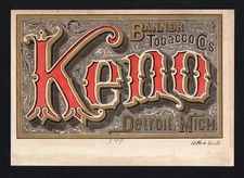 EX RARE Old Original KENO Sample Cigar Label - BANNER TOBACCO CO.'S -DETROIT, MI