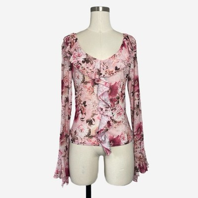 Vintage 90s Clio pink red floral ruffle collar ruffle cuff blouse romantic S/M