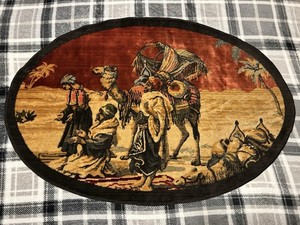 Vintage Woven Tapestry Rug Arab Scene With Camel’s, Men On Prayer Rugs ( OLD )