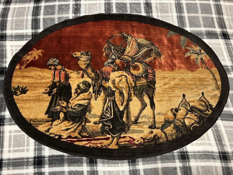 Vintage Woven Tapestry Rug Arab Scene With Camel’s, Men On Prayer Rugs ( OLD )