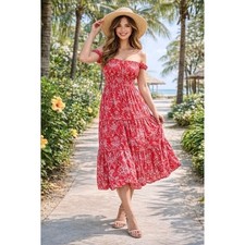 Abel the Label Red Paisley Off Shoulder Smocked Tiered Maxi Dress XS Boho Summer