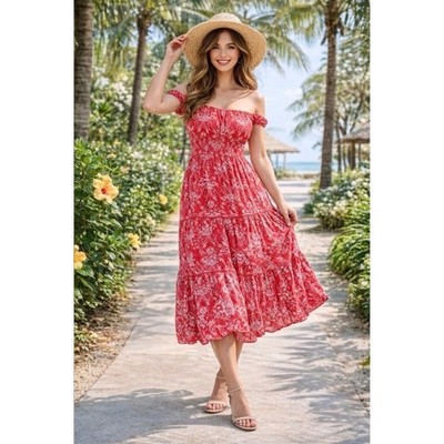 Abel the Label Red Paisley Off Shoulder Smocked Tiered Maxi Dress XS Boho Summer