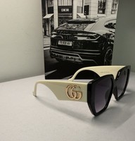 Gucci Oversized Square Sunglasses Black Frame Ivory Temples Grey Gradient