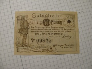 Willingen/Waldeck 50Pf. 15.4.1921 ohne Unterdruck