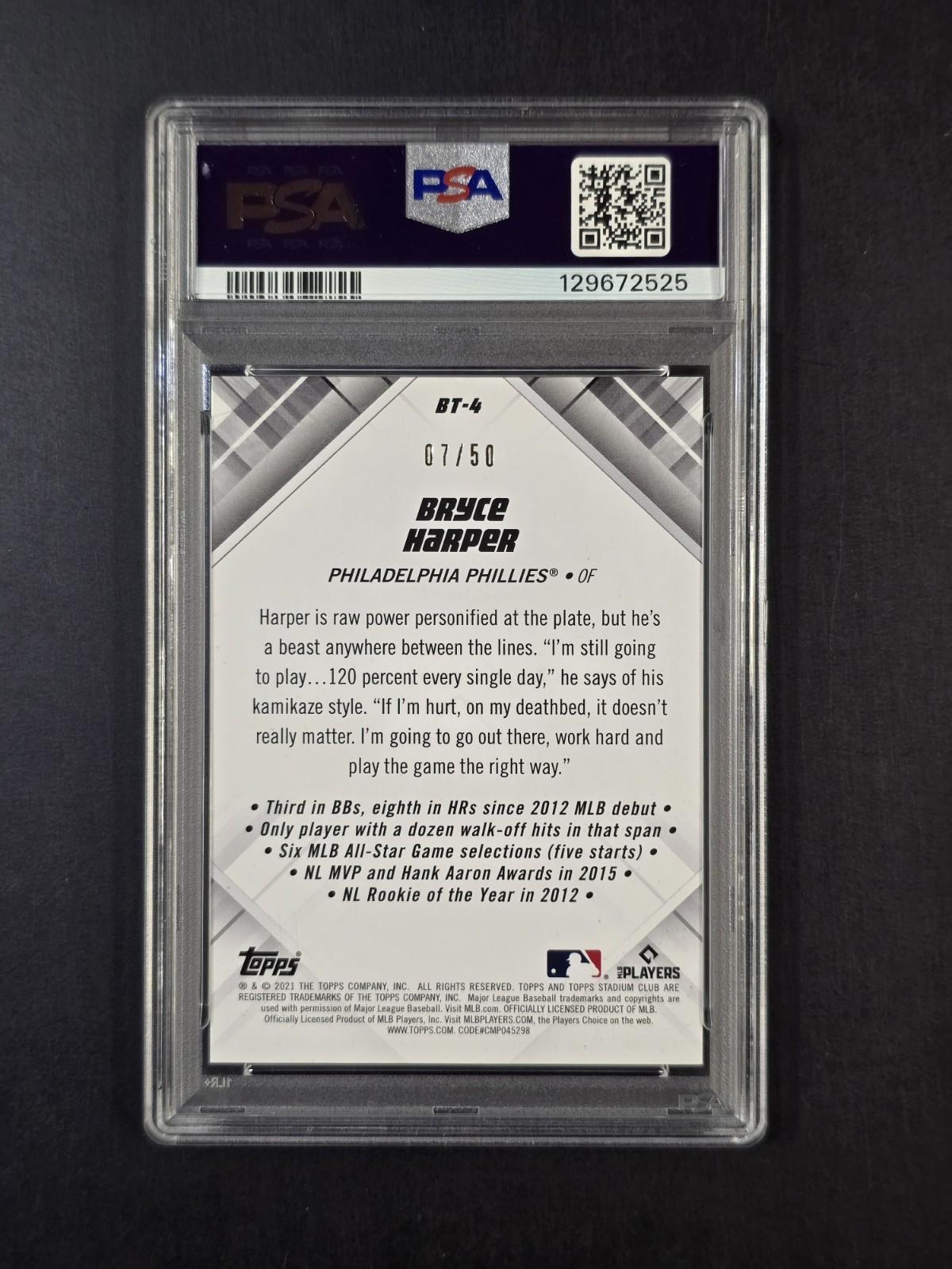2021 Stadium Club Bryce Harper Beam Team Orange /50 PSA 9 #BT4 POP 2 view 2
