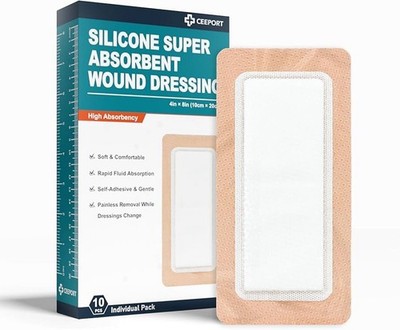 Ceeport Silicone Super Absorbent Wound Dressing 10 Pack Hypoallergenic