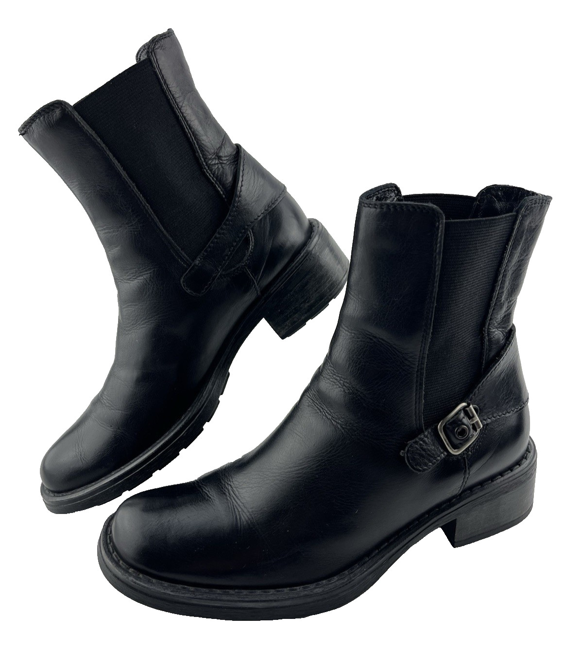 Aquatalia Chelsea Boots Buckle Block Heel Pull On Black Leather Womens Size 5.5-image