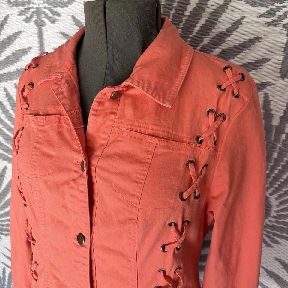 Vintage Y2K Lace Up Denim Jacket Women’s Sz XL Fits A Large Best Pink Stretch - Image 3 of 4