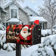 Santa Claus magnetic mailbox cover, featuring a checkered background and tree