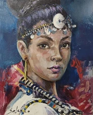 ORIGINAL OIL PAINTING WOAMAN PORTRAIT 11x14" BEAUTIFUL OLD FASHION DRESS REALISM