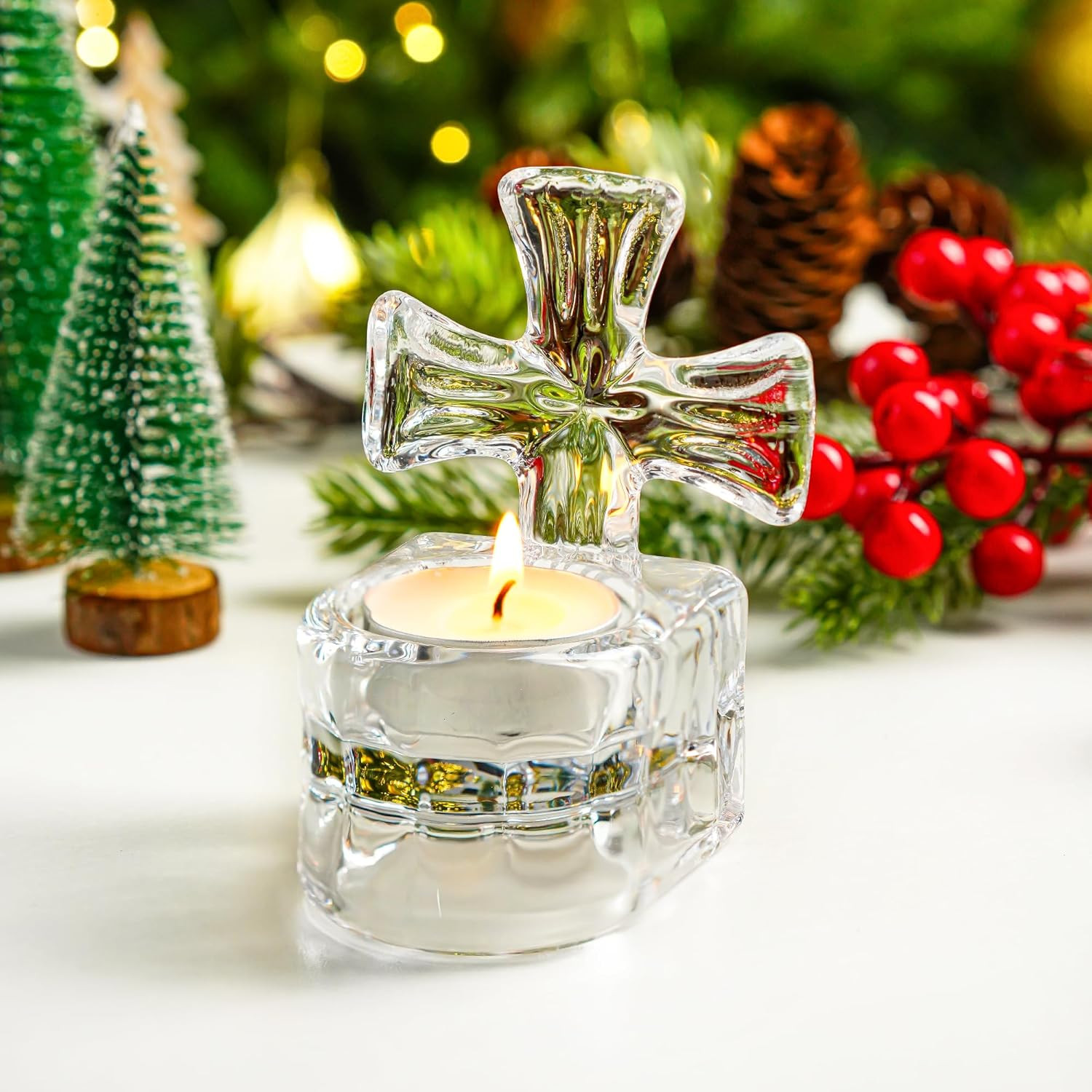 4" High Christian Tea Light Holder Cross Crystal