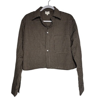 Dee Elly Brown Gingham Cropped Button Down Shirt Cotton Boxy Small