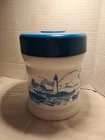 Vintage Milk Glass Tobacco Jar Humidor Canister Lighthouse Harbor Blue & White