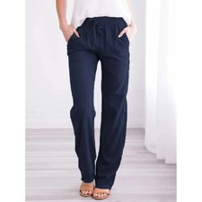 Women Cotton Linen Trousers Ladies Summer Casual Elastic Waist Bottoms Pants UK
