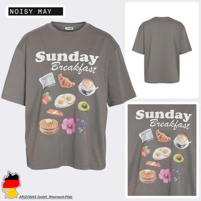 Noisy May Damen T-Shirt mit Frühstücksmotiven und Schriftzug Sunday Breakfast