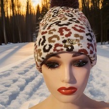 Nike Youth Cheetah Print Beanie Hat White Multicolor Pom Pom Winter Cap Gold...