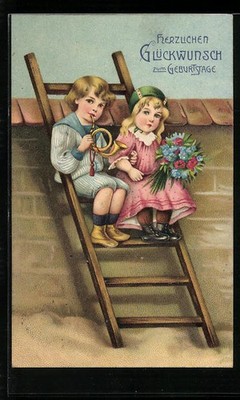Embossed Postcard Children's Couple with Horn on a Ladder, Birthday 